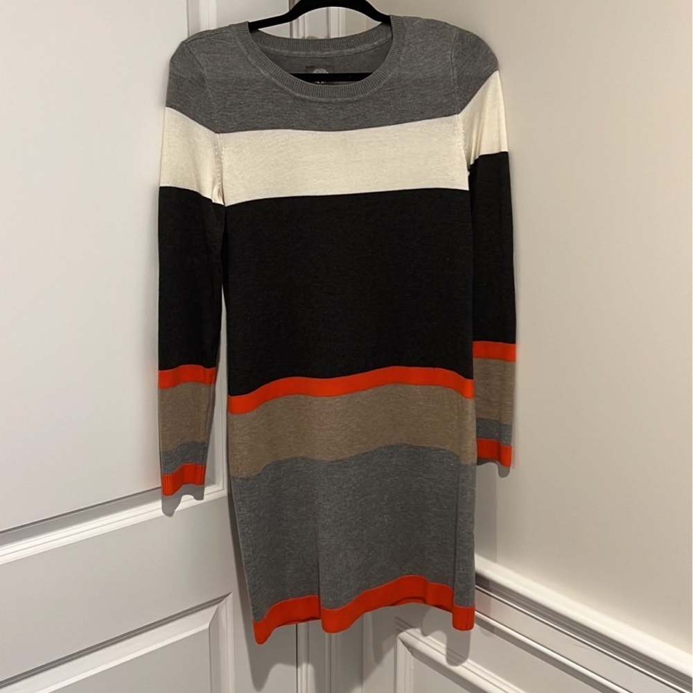 Vince Camuto Colorblock Sweater Dress in Black, Gray, Cream, and Orange